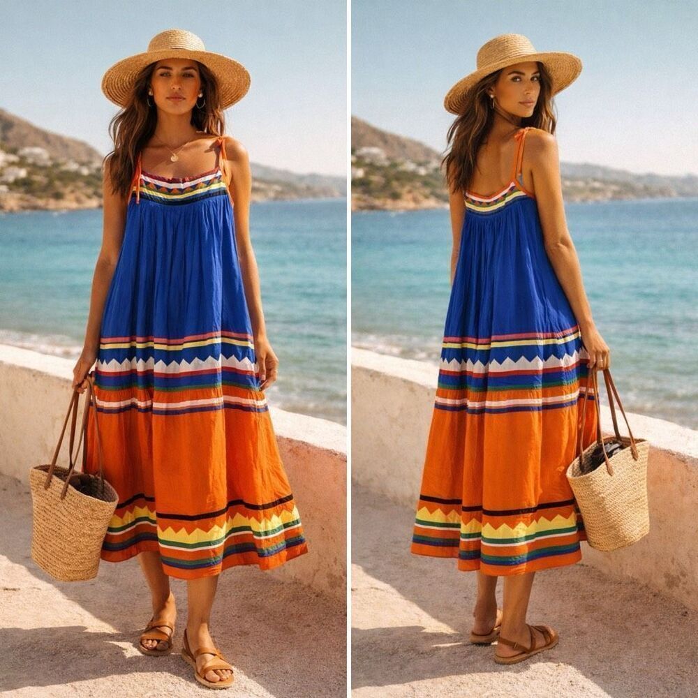 Handmade Boho Folk Colorblock Sundress Artisan Festival Midi Dress XS-S Resort